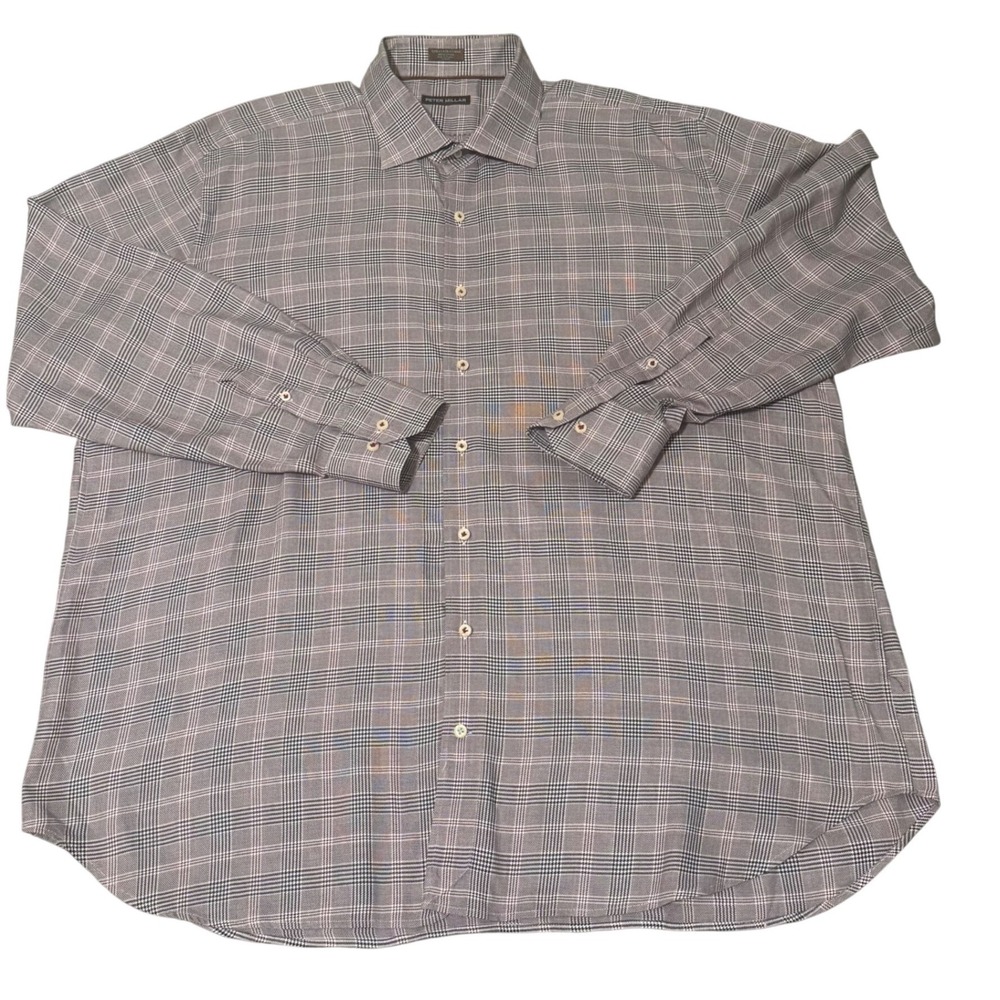 Peter Millar Mens XXL Glen Plaid Button Down Shirt Cotton Long Sleeve Brown Gray